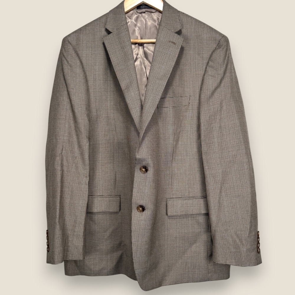 Lauren Ralph Lauren Blazer Sport Coat Men 44R Houndstooth Beige 2 Btn Poly Rayon